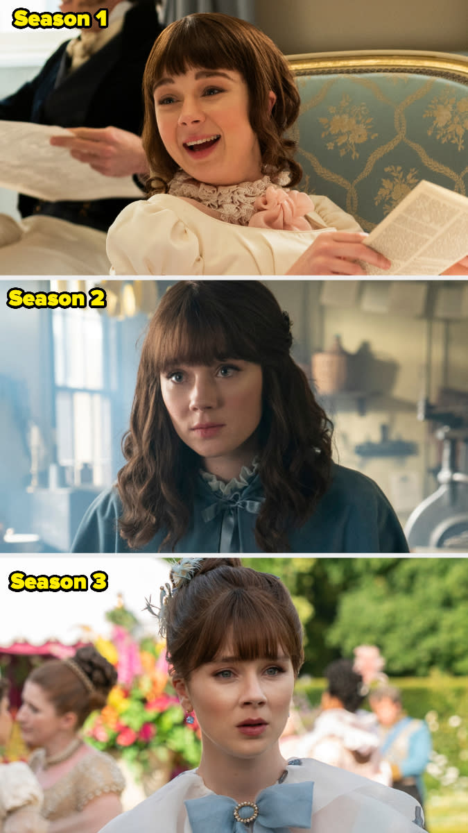 Three images of actress Claudia Jessie from the TV series "Bridgerton," showing her character in different seasons, with evolving hairstyles and outfits