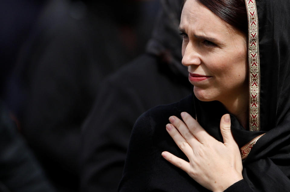 Prime Minister Jacinda Ardern leaves after the Friday prayers at Hagley Park outside Al Noor mosque in Christchurch, New Zealand. (Photo: Jorge Silva / Reuters)