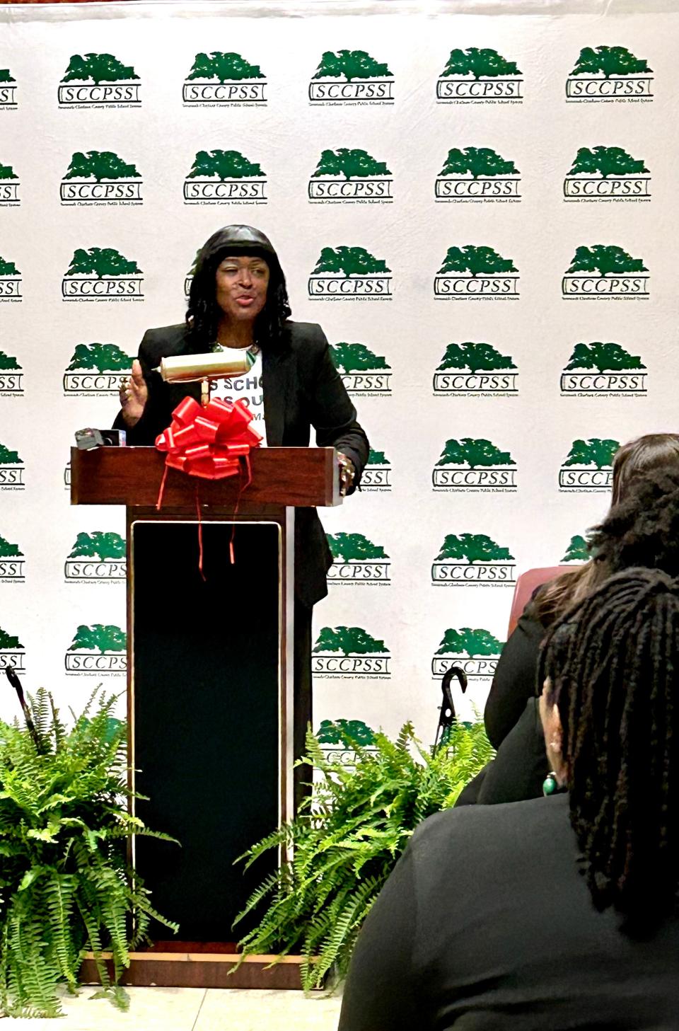 Savannah-Chatham Director of Student Affairs, Quentina Miller-Fields discusses strategies for improving Savannah's public school student attendance during SCCPSS's Attendance Matters campaign kick off on Friday March 22, 2024.