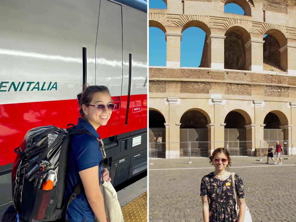 The author outside of the train to Rome and in front of the colosseum