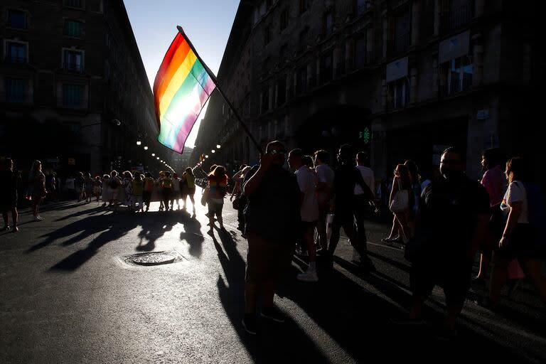 Un hombre levanta una bandera durante una manifestación por el Orgullo LGTBI