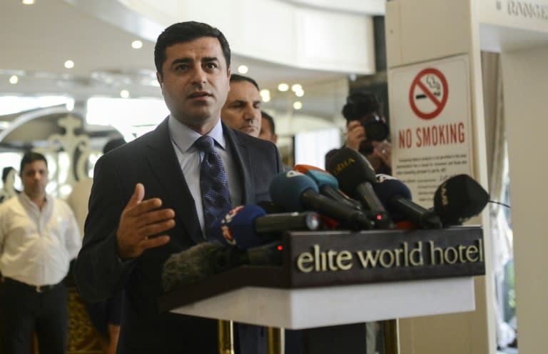 Selahattin Demirtas, co-leader of the pro-Kurdish People's Democratic Party, speaks during a press conference in Istanbul, Turkey, on July 31, 2015