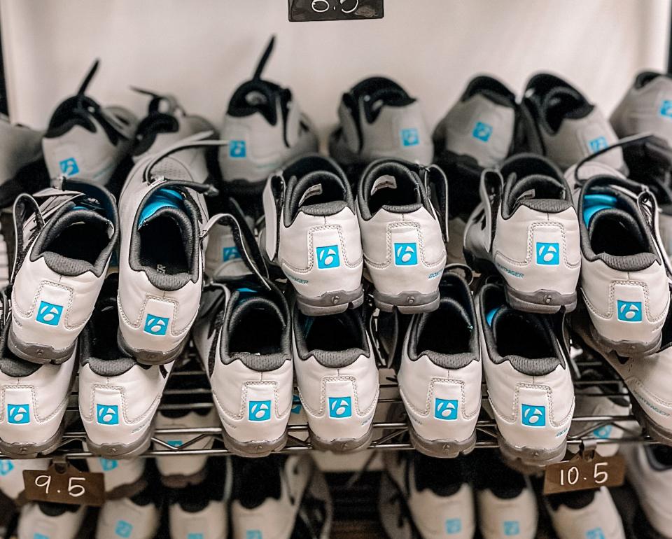 At JoyRyde Knox Cycling Studio, participants can bring their own clip-in cycling shoes, or a pair will be provided when they reserve a spot in the class. Halls, March 8, 2023.