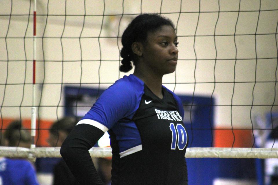 Ridgeview middle blocker Haley Robinson (10) lines up before a point during a high school volleyball match against Bartram Trail. The junior led Northeast Florida in blocks through the regular season and 2022 district tournaments.