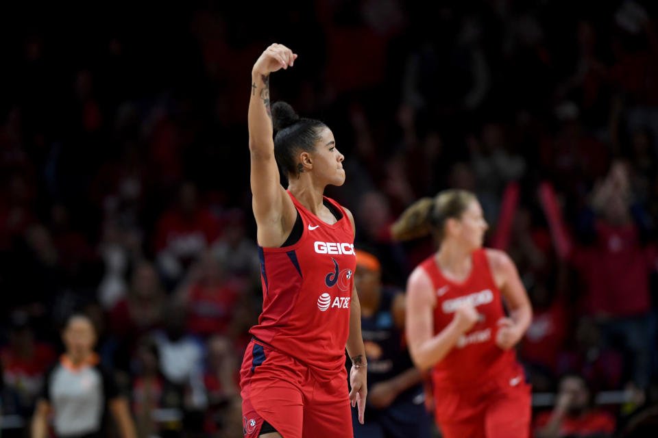 WASHINGTON, DC - OCTOBER 10: Washington Mystics guard Natasha Cloud (9) flexes her muscles after hitting a crucial shot late in the game at the Entertainment and Sports Arena for the WNBA Championship title October 10, 2019 in Washington, DC.  The Washington Mystics won the championship 89-78 over the Connecticut Sun.  (Photo by Katherine Frey/The Washington Post via Getty Images)