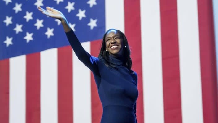 Michigan state Rep. Kyra Bolden, waves to the crowd on Nov. 9 after speaking during an election night watch party at Motor City Casino in Detroit. On Tuesday, Gov. Gretchen Whitmer said she would appoint Bolden to the Michigan Supreme Court, its first Black woman. (Photo: David Guralnick/Detroit News via AP)