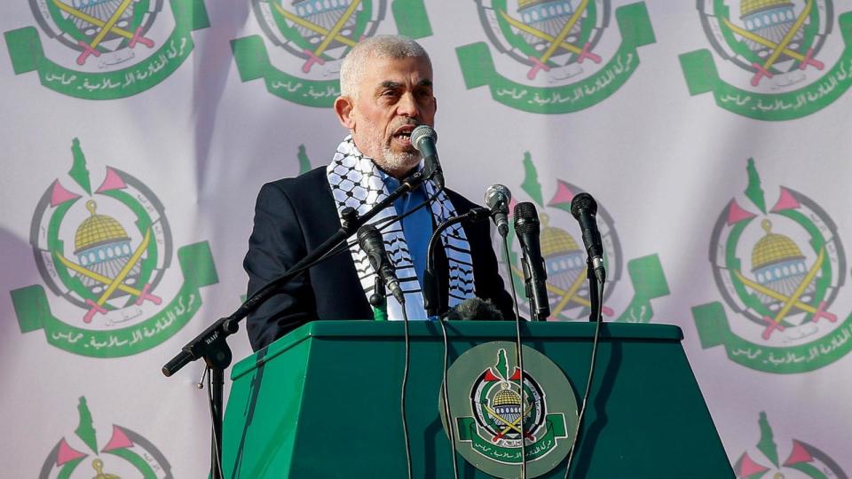 PHOTO: Yahya Sinwar, leader of the Palestinian Hamas Islamist movement takes part in a rally organized to mark the movement's 35th founding anniversary, in Gaza City, Palestine, Dec. 14, 2022. (Mohammed Talatene/picture alliance via Getty Images)