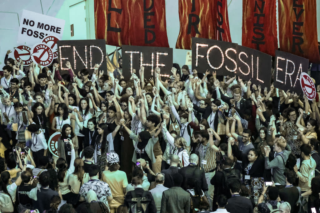  Young activists stage a protest in COP28 conference venue, Blue ZOne as COP28, UN Climate Change Conference comes to an end. 