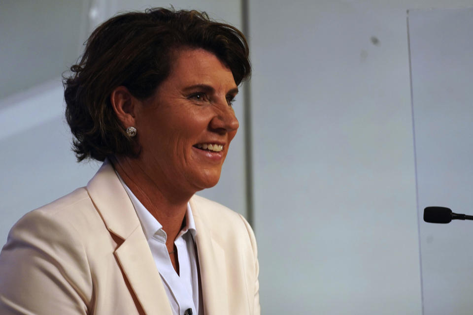 US Senate candidate Amy McGrath listens to her opponent, Senate Majority Leader Mitch McConnell, R-Ky., during their debate in Lexington, Ky., Monday, Oct. 12, 2020. / Credit: Michael Clubb / AP