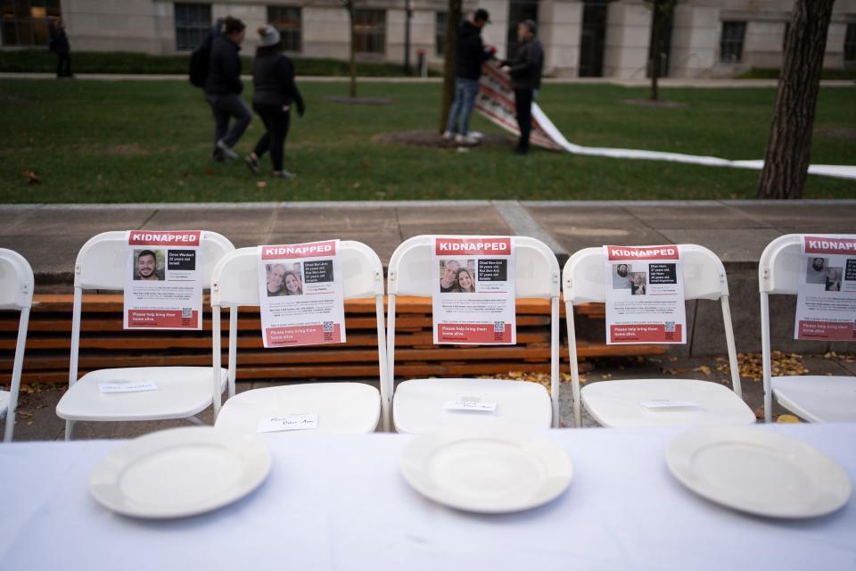 Nov 1, 2023; Columbus, OH, USA; Buckeyes for Israel set up an exhibit at the Wexner Plaza at OSU Wednesday morning, featuring an empty Shabbat table signifying the Israeli hostages currently in Gaza.