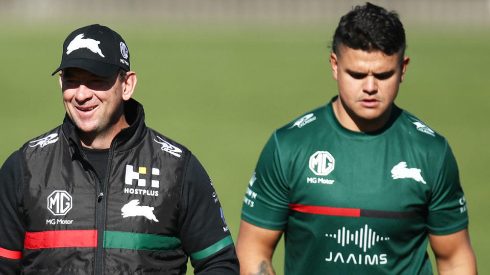 Pictured left to right, Rabbitohs coach Jason Demetriou and star fullback Latrell Mitchell.