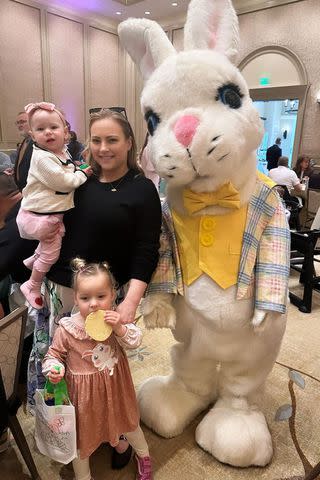 <p>Meghan McCain/Instagram</p> Meghan McCain holding daughters Clover and Liberty Sage while posing with an Easter bunny