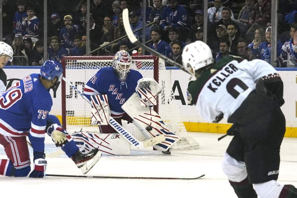 New York Rangers goaltender Igor Shesterkin (31) stops a shot on goal during an NHL hockey game against the Arizona Coyotes, Monday, Oct. 16, 2023, in New York. (AP Photo/Bebeto Matthews)