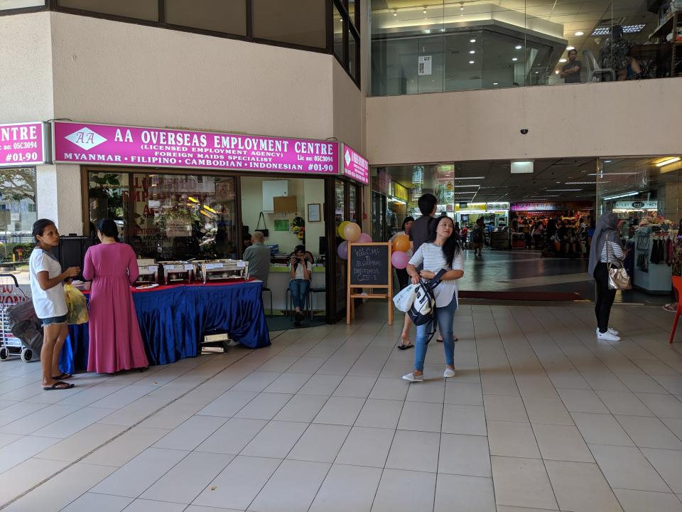 A maid agency at City Plaza, a popular gathering spot for Indonesian FDWs on their days off. One of CDE's three satellite offices is located on the second floor. (PHOTO: Wong Casandra/Yahoo News Singapore)