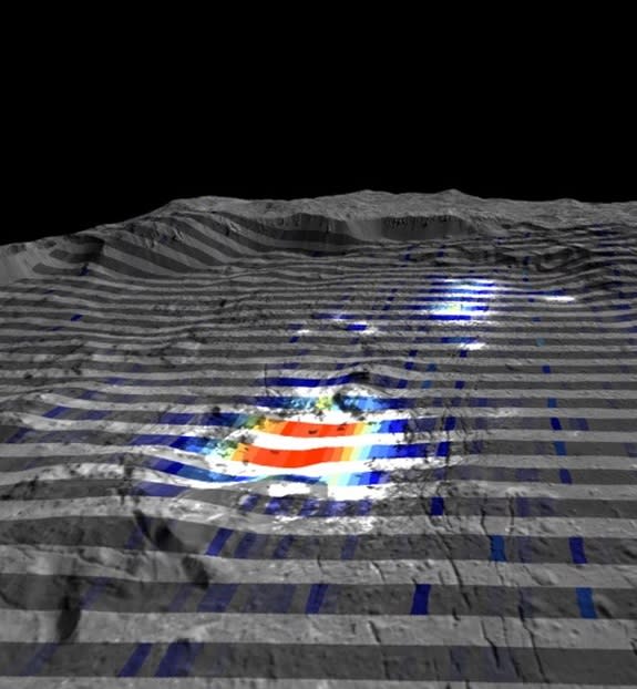Measurements from Dawn are superimposed on a view of Ceres' Occator crater. The red indicates a high abundance of carbonates in the bright spots found there.