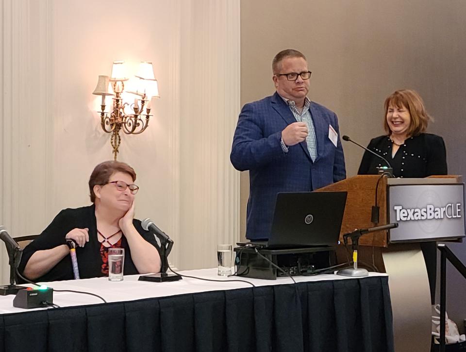 Attorney Versel Rush, left, was honored with the Fairy Davenport Rutland Award for Distinguished Service to Children and Families by the State Bar of Texas Child Protection Law Section. Lamar County Court-at-Law Judge Bill Harris, vice chair of the section, middle and Sandra Hachem, chair of the section, right, presented the award to Rush March 24 in Houston.