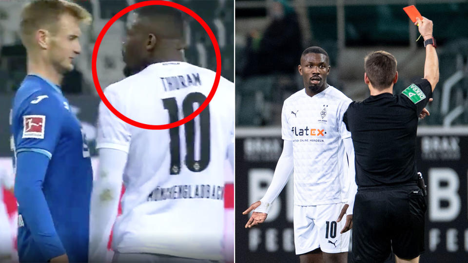 Pictured here, Marcus Thuram can be seen spitting in the face of a rival player. 