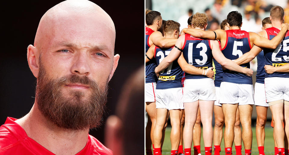 Pictured left Max Gawn and right Melbourne Demons players