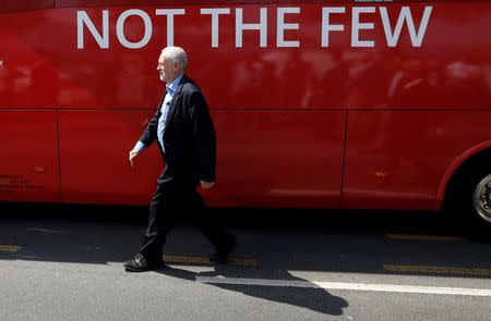 Jeremy Corbyn, the leader of Britain's opposition Labour Party, walks back to his bus after a campaign event in Garfoth, Leeds, May 10, 2017. REUTERS/Phil Noble