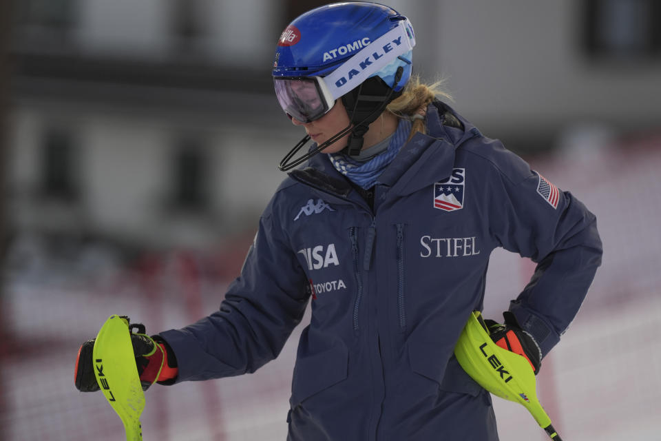 United States' Mikaela Shiffrin inspects the course prior to an alpine ski, women's World Cup slalom in Flachau, Austria, Tuesday, Jan.16, 2024. (AP Photo/Giovanni Auletta)