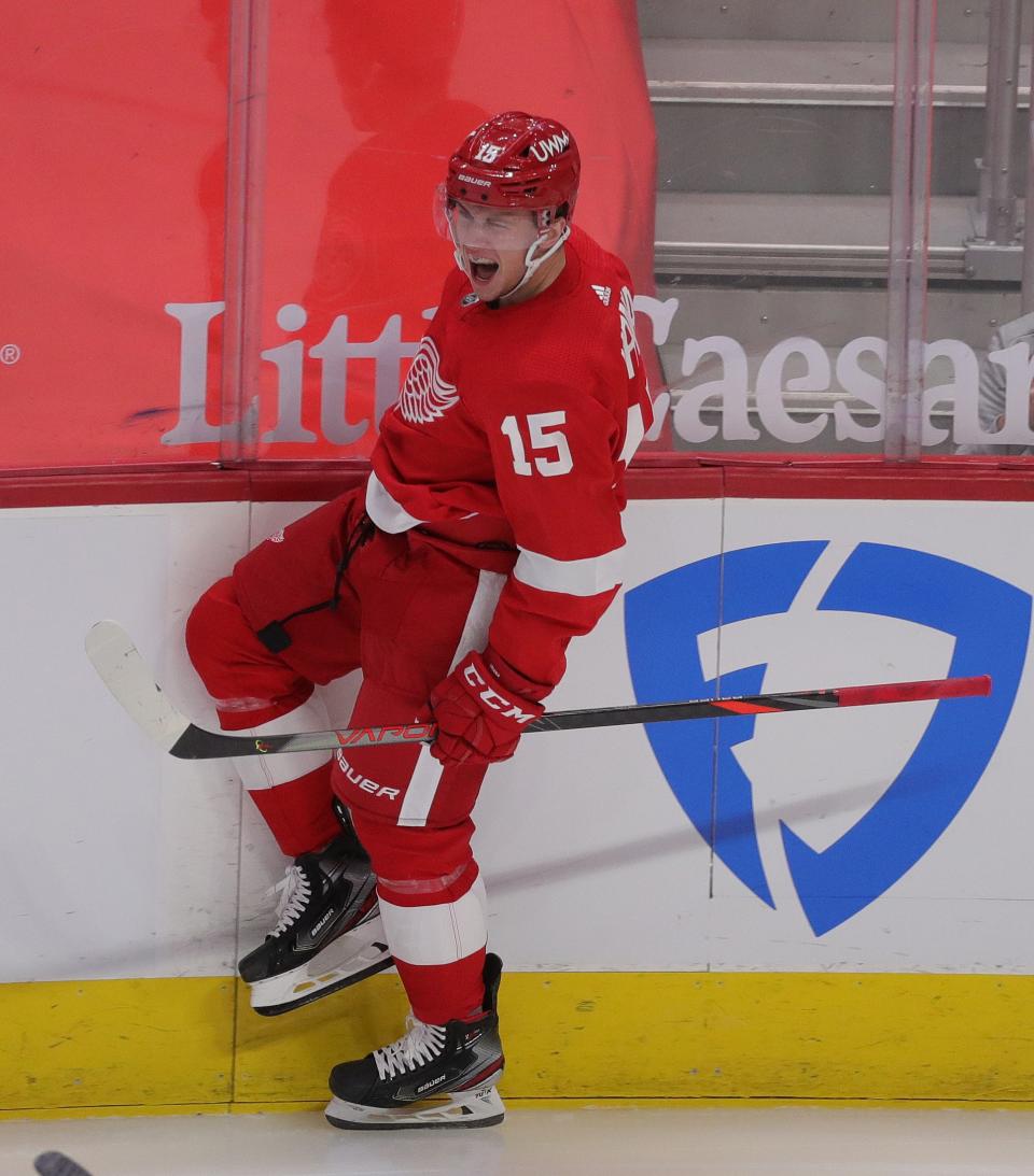 Red Wings left wing Jakub Vrana celebrates his first goal with the team, against the Blackhawks, in the second period on Thursday, April 15, 2021, at Little Caesars Arena.