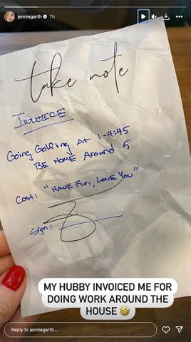 <p>Jennie Garth/Instagram</p> Jennie Garth posts an "invoice" on her Instagram Story that husband Dave Abrams wrote to her for "doing work around the house"