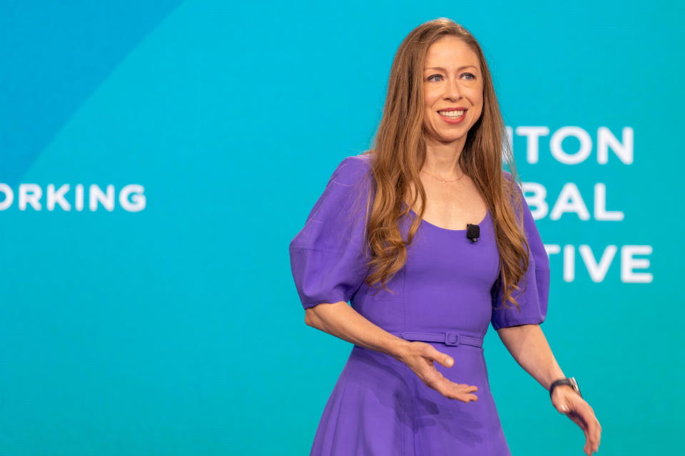 NEW YORK, NEW YORK - SEPTEMBER 23: Chelsea Clinton speaks on stage during the Clinton Global Initiative (CGI) on September 23, 2024 in New York City.  Coinciding with the U.N. General Assembly, the Clinton Global Initiative brings together business, government, and civil society leaders to drive progress on humanitarian response efforts to global crises. (Photo by Alex Kent/Getty Images)