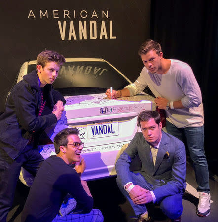 The cast and writer of "American Vandal" - Griffin Gluck, Dan Perrault, Tyler Alvarez and Jimmy Tatro pose for a picture during the Netflix promotion for Emmy consideration, Los Angeles, California, U.S., May 6, 2018. REUTERS/Lisa Richwine/Files