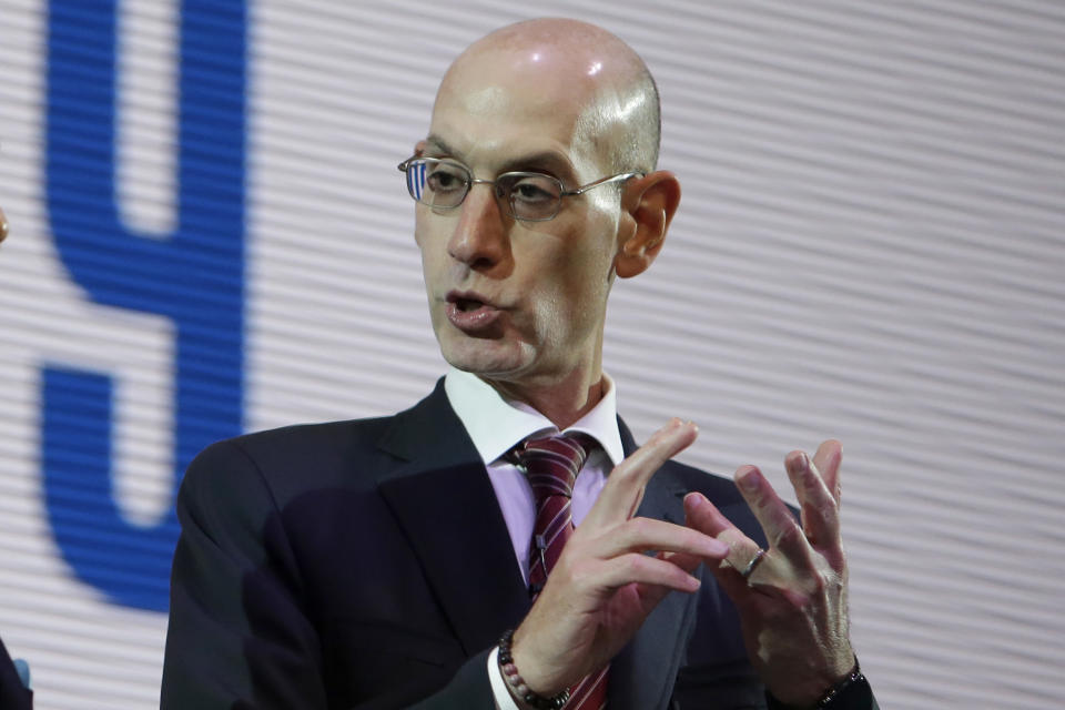 NBA Commissioner Adam Silver speaks during a welcome reception for the NBA Japan Games 2019 between the Toronto Raptors and the Houston Rockets in Tokyo, Japan, Monday, Oct. 7, 2019. (AP Photo/Kiichiro Sato)