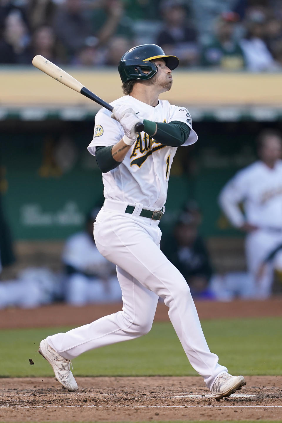 Oakland Athletics' Skye Bolt watches his two-run home run against the Houston Astros during the fourth inning of a baseball game in Oakland, Calif., Monday, July 25, 2022. (AP Photo/Jeff Chiu)