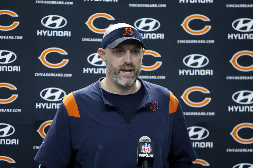 Chicago Bears head coach Matt Nagy addresses the media after an NFL football game against the Detroit Lions, Thursday, Nov. 25, 2021, in Detroit. (AP Photo/Duane Burleson)