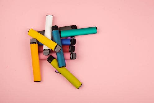 <span class="caption">Disposable vapes, for illustration purposes only and not necessarily representative of 'wellness vapes'.</span> <span class="attribution"><a class="link " href="https://www.shutterstock.com/image-photo/disposable-ecigarettes-different-flavors-pink-concept-2066722790" rel="nofollow noopener" target="_blank" data-ylk="slk:Master_foto/Shutterstock;elm:context_link;itc:0;sec:content-canvas">Master_foto/Shutterstock</a></span>