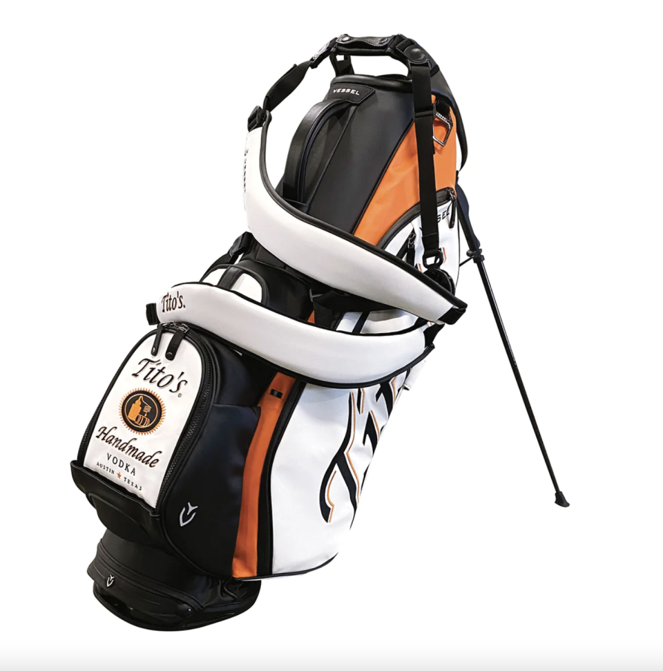 <p><a href="https://store.titosvodka.com/products/titos-x-vessel-golf-bag" rel="nofollow noopener" target="_blank" data-ylk="slk:Shop Now;elm:context_link;itc:0" class="link ">Shop Now</a></p><p>Golf Bag</p><p>$395.00</p>