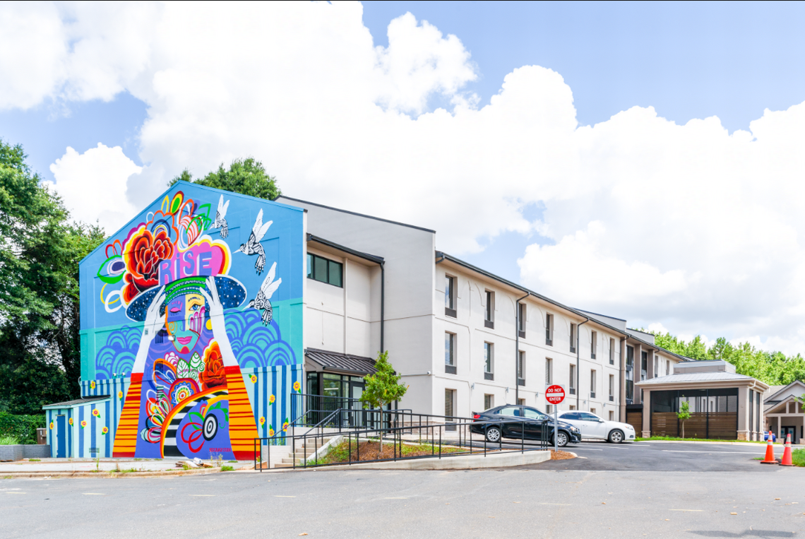 The former Quality Inn hotel near Clanton Road and Interstate 77 in Charlotte, NC, has been transformed into SECU The Rise on Clanton, an apartment complex for people who are chronically homeless, according to Roof Above.