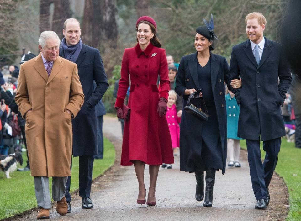 Charles, Prince William, Kate Middleton, Meghan Markle and Prince Harry attend Christmas Day church service at Church of St Mary Magdalene on the Sandringham estate on Dec. 25, 2018. Samir Hussein/WireImage