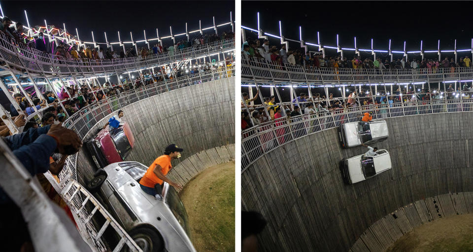 Two images of ben doing stunts in cars in a "Well Of Death." They are taking tips from the crowd. The daredevils on the passenger sides are hanging out of the windows, sitting upright while the car is vertical to the ground.