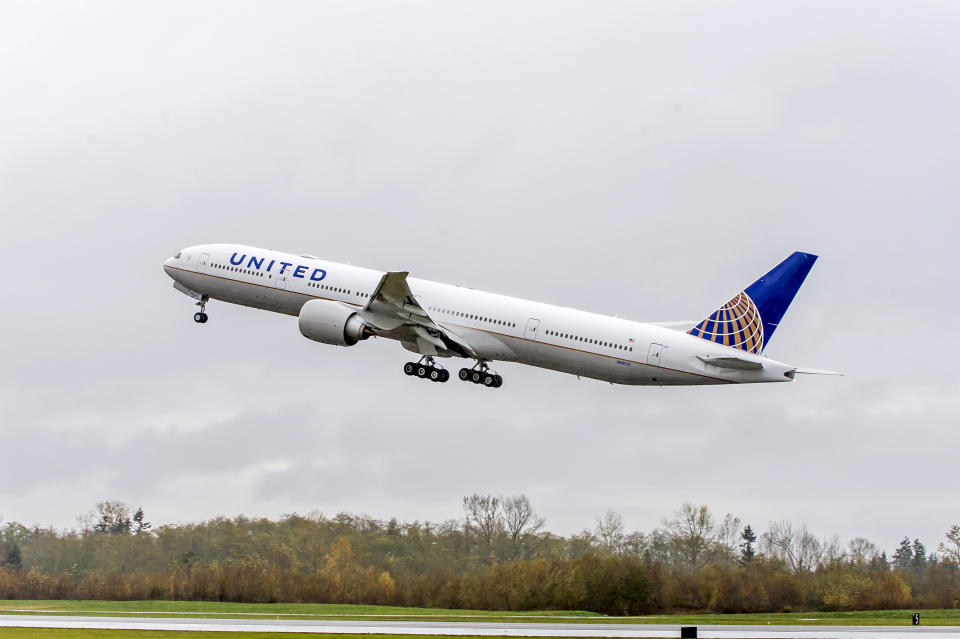 A United Airlines plane taking off.