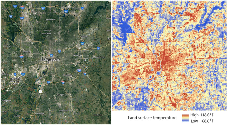 <div class="inline-image__caption"><p>The image on the right shows the surface urban heat island of Indianapolis in July 2019. Note the higher-density built areas in red are much warmer than the cooler, more vegetated areas in blue.</p></div> <div class="inline-image__credit">NASA/USGS Landsat</div>