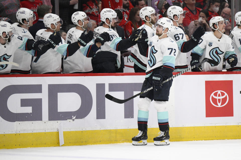 Seattle Kraken right wing Joonas Donskoi (72) celebrates his goal during the first period of an NHL hockey game against the Washington Capitals, Saturday, March 5, 2022, in Washington. (AP Photo/Nick Wass)