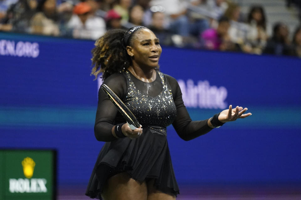 Serena Williams, of the United States, reacts during a match against Ajla Tomljanovic, of Austrailia, during the third round of the U.S. Open tennis championships, Friday, Sept. 2, 2022, in New York. (AP Photo/Charles Krupa)