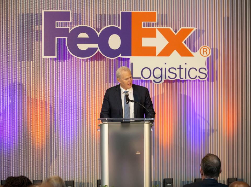 Richard Smith, former head of FedEx Logistics and incoming president of FedEx Express, speaks during the grand opening for the new FedEx Logistics headquarters Tuesday, April 5, 2022, in Memphis.