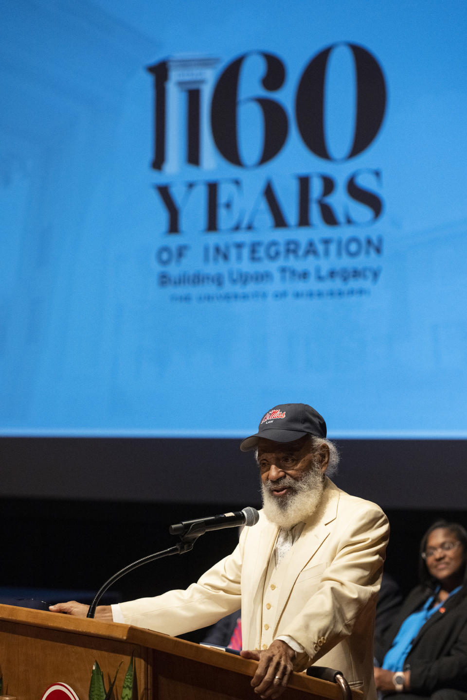 In this photo provided by the University of Mississippi, James Meredith speaks at the University of Mississippi in Oxford, Thursday, Sept. 28, 2022, during an event celebrating 60 years of integration. In 1962, Meredith became the first Black student to enroll in the university, and federal marshals escorted him onto the campus as white protesters erupted in violence. (Thomas Graning/University of Mississippi via AP)