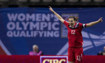 VANCOUVER, CANADA - JANUARY 27: Christine Sinclair #12 of Canada celebrates after scroing her second goal of the game against Mexico during the second half of semifinals action of the 2012 CONCACAF Women's Olympic Qualifying Tournament at BC Place on January 27, 2012 in Vancouver, British Columbia, Canada. (Photo by Rich Lam/Getty Images)