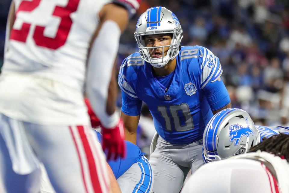 Detroit Lions quarterback Adrian Martinez (18) gets ready for a snap against New York Giants during the second half of a preseason game at Ford Field in Detroit on Friday, Aug. 11, 2023.