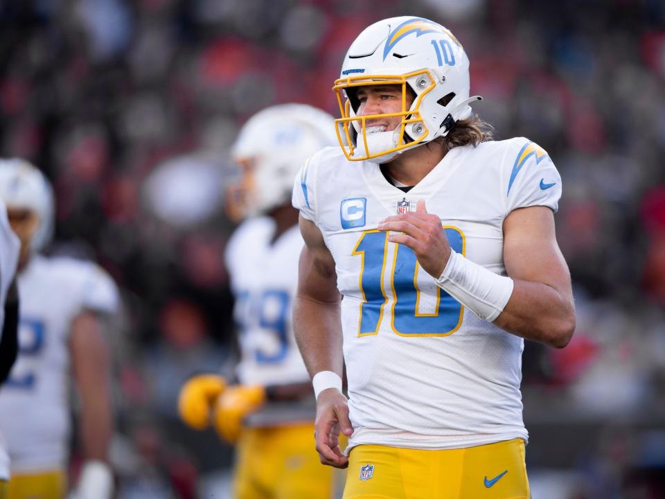 Justin Herbert looks to the sidelines during a game against the Cincinnati Bengals.