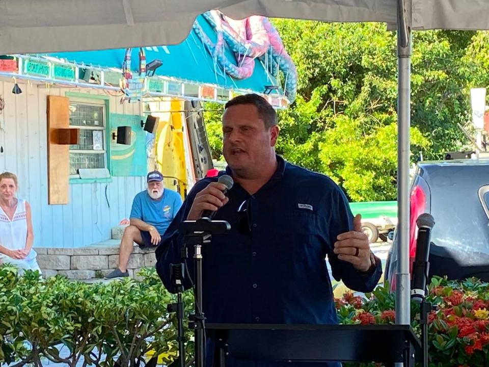 Robert Lockwood, Monroe County public defender, speaks at a rally held Sunday, Oct. 8, 2023, protesting against a proposal to merge Florida judicial circuits.