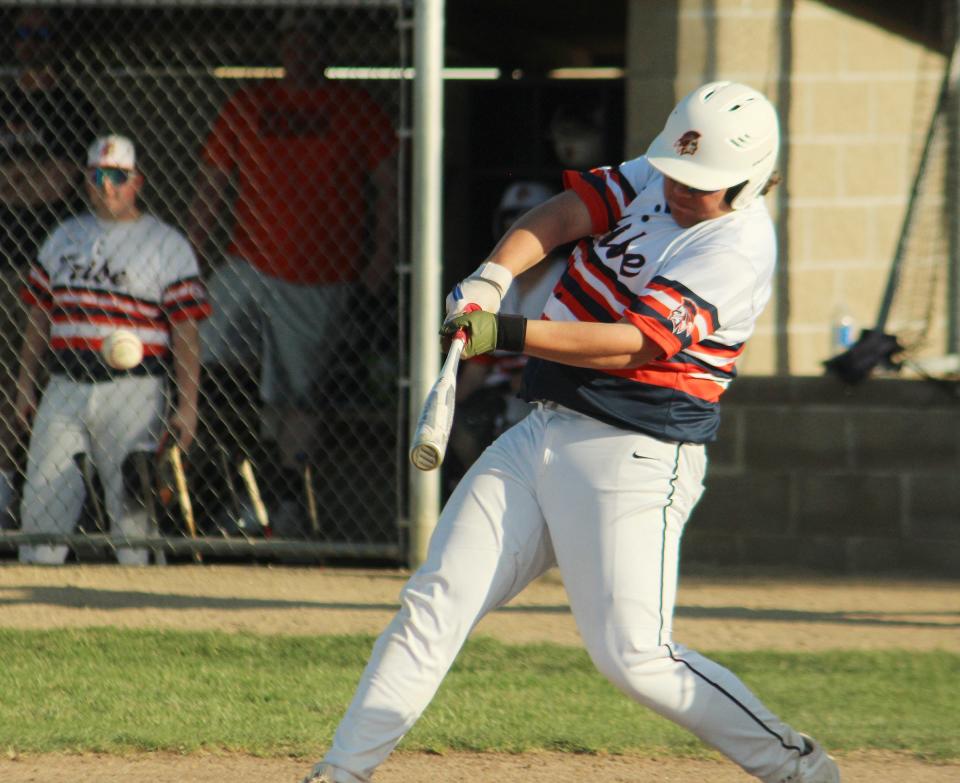 Zayn Eilts makes contact during Tuesday's nonconference baseball game against Peoria Christian at The Ballpark at Williamson Field. Eilts drove in two runs with this base hit to help the Tribe post a 15-3 victory.