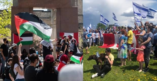 At left, people rally in support of Palestinian rights at the Human Rights Monument in Ottawa on May 15, 2021. At right, a pro-Israel rally takes place near the Tom Brown Arena on May 16, 2021. (Alexander Behne/Radio-Canada, Krystalle Ramlakhan/CBC - image credit)