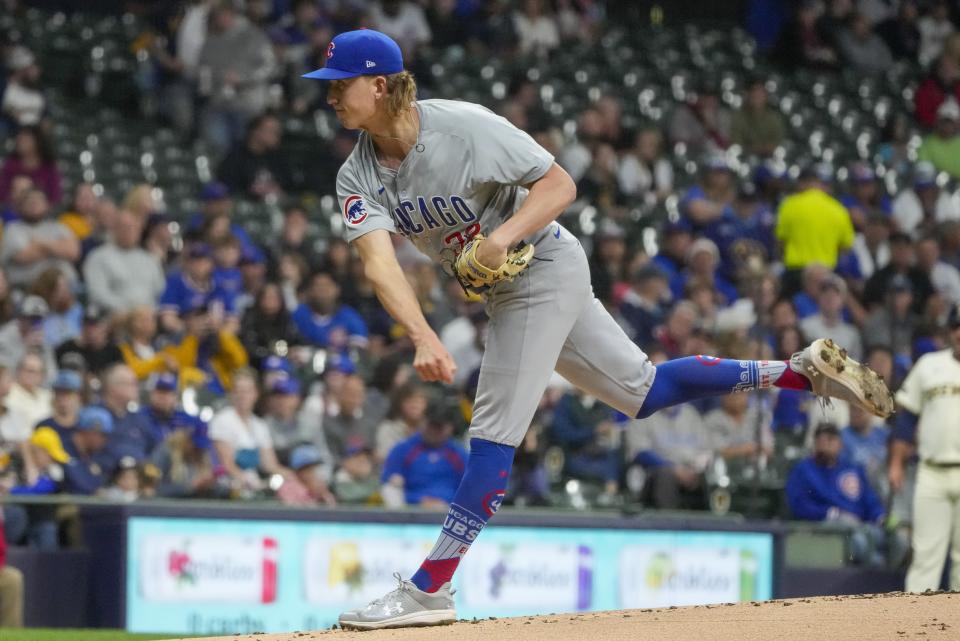 Chicago Cubs pitcher Ben Brown throws during the first inning of a baseball game against the Milwaukee Brewers Tuesday, May 28, 2024, in Milwaukee. (AP Photo/Morry Gash)