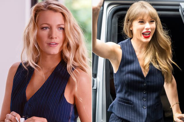 <p>courtesy Everett Collection; Getty</p> Blake Lively and Taylor Swift wearing pinstripe suits
